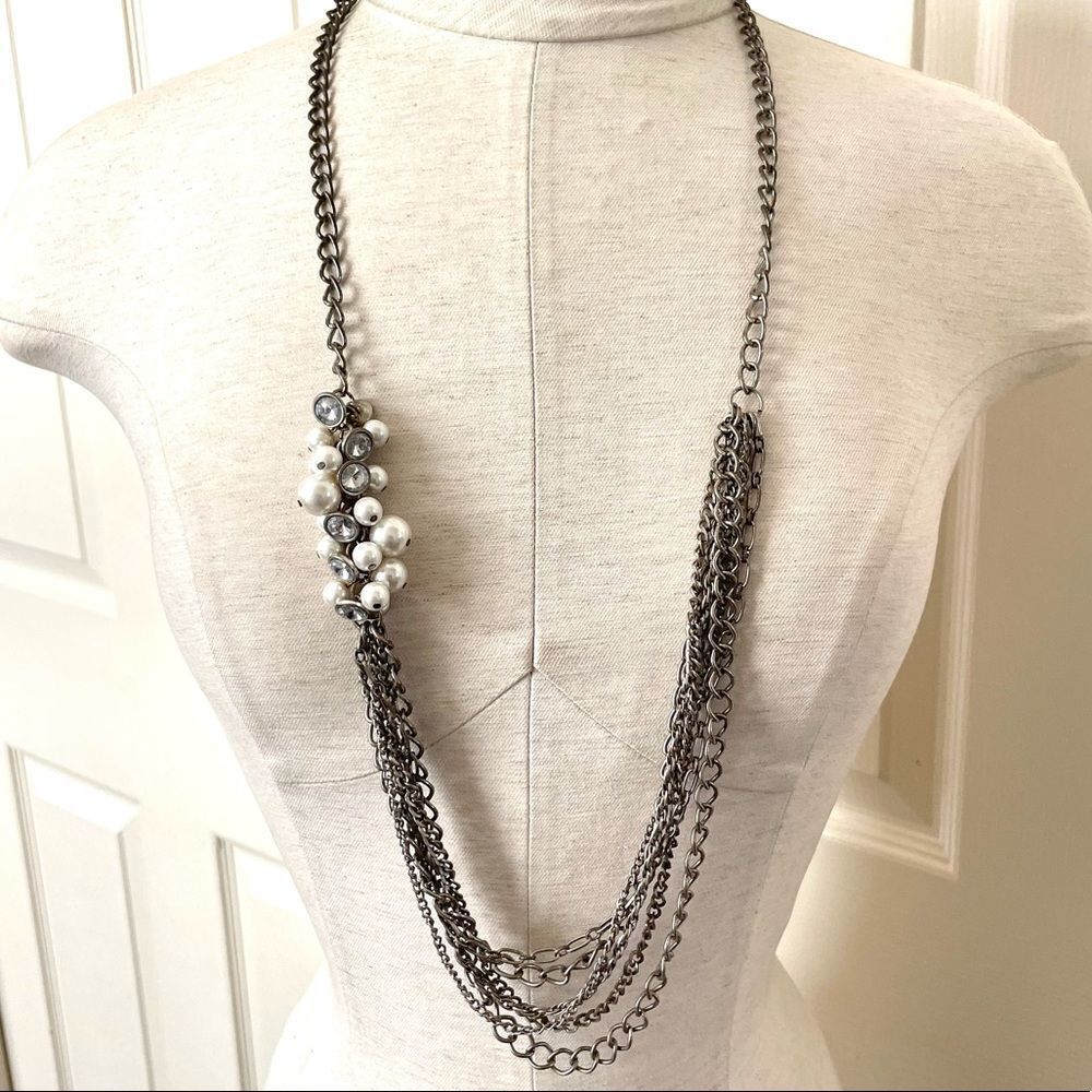 Premier designs long multi chain pearl rhinestone necklace